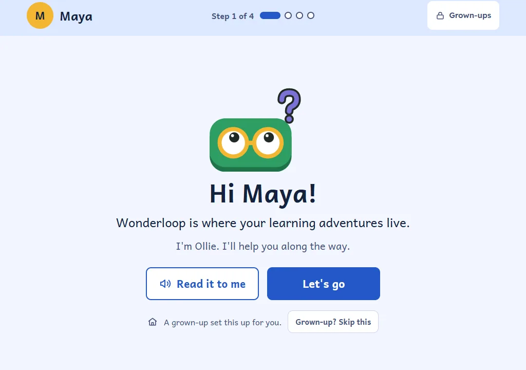 The child's screen: Ollie says Hi Maya, with Read it to me and Let's go buttons.