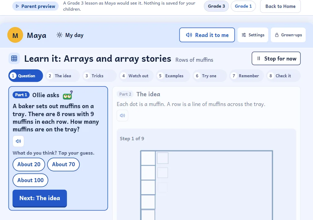 A Grade 3 lesson on arrays: Ollie asks how many muffins are on a tray, with guesses to tap.