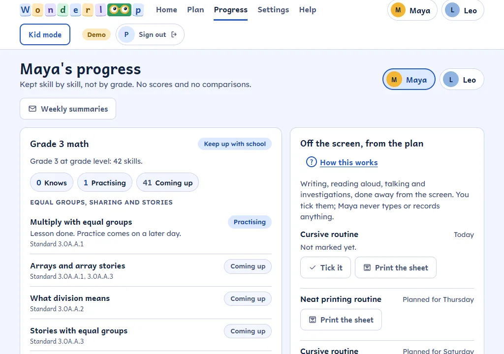 The parent's progress page: Grade 3 math skills marked knows, practising or coming up.